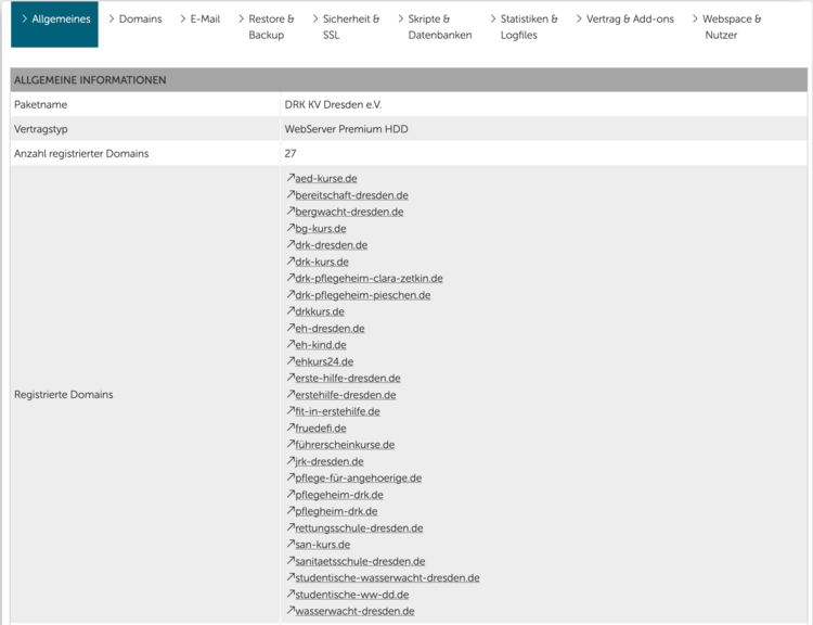 Beispieloberfläche Domains bei Hosteurope